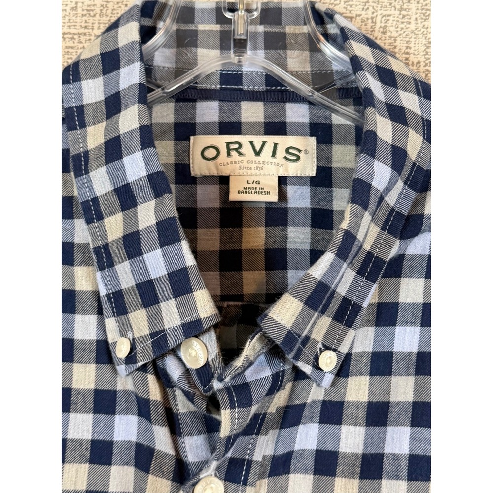 Orvis Mens Blue Grey Gingham Check Cotton Lyocell Button Down Shirt L/G Flannel